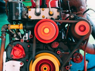 Close-up of a vintage engine showing red components, belts, and bright orange/yellow pulleys in the foreground with a rusted housing in the background.