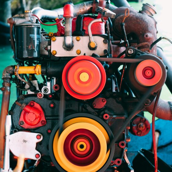 Close-up of a vintage engine showing red components, belts, and bright orange/yellow pulleys in the foreground with a rusted housing in the background.