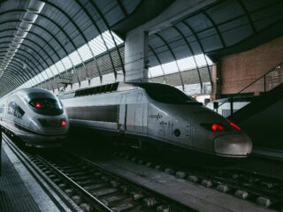 Two high-speed trains sit at a platform beneath a curved, arching roof of the station exterior and glass panels.