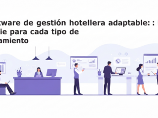 Título en español: 'Software de gestión hotelera adaptable: la clave para cada tipo de alojamiento' con ilustración de profesionales en una oficina mirando pantallas con gráficos