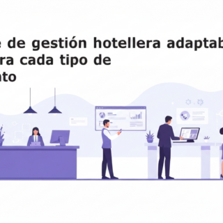 Título en español: 'Software de gestión hotelera adaptable: la clave para cada tipo de alojamiento' con ilustración de profesionales en una oficina mirando pantallas con gráficos