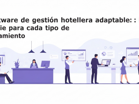 Título en español: 'Software de gestión hotelera adaptable: la clave para cada tipo de alojamiento' con ilustración de profesionales en una oficina mirando pantallas con gráficos