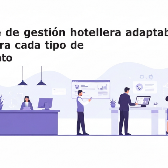 Título en español: 'Software de gestión hotelera adaptable: la clave para cada tipo de alojamiento' con ilustración de profesionales en una oficina mirando pantallas con gráficos