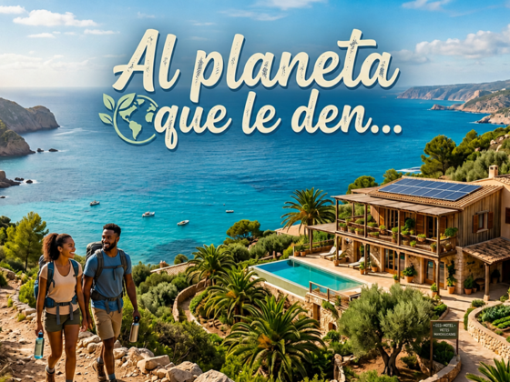 Couple hikers walk along a coastal trail toward a hillside villa with a pool, blue sea and cliffs in the background; banner reads 'Al planeta que le den...' (eco-tourism promo).