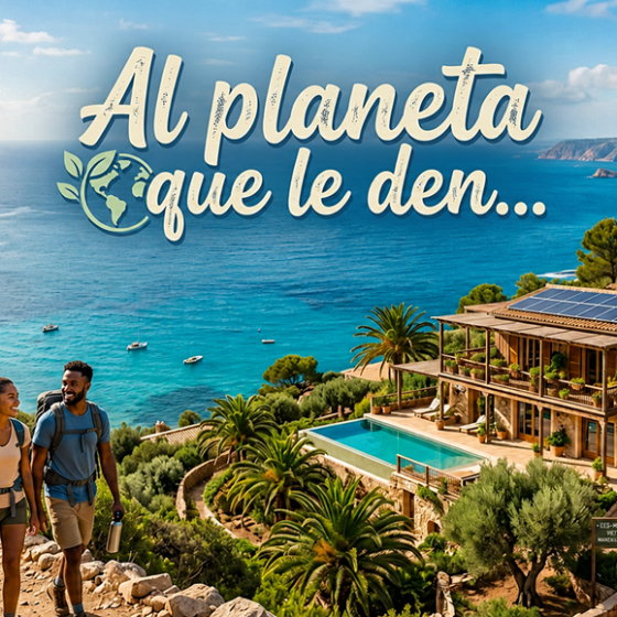 Couple hikers walk along a coastal trail toward a hillside villa with a pool, blue sea and cliffs in the background; banner reads 'Al planeta que le den...' (eco-tourism promo).