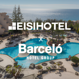 Aerial view of a seaside resort pool area with loungers, palm trees, and the ocean in the background, overlaid with HeiHotel and Barceló Hotel Group branding.