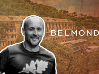 Brand banner featuring a smiling man in a halftone style over a Belmond resort backdrop.