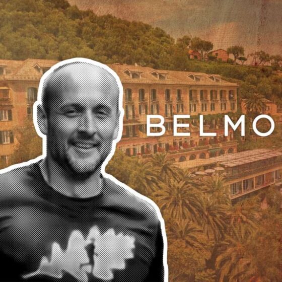 Brand banner featuring a smiling man in a halftone style over a Belmond resort backdrop.