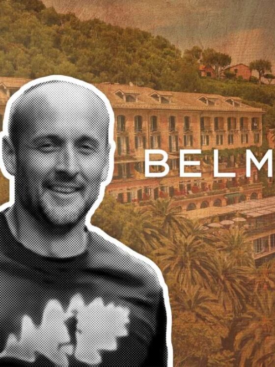 Brand banner featuring a smiling man in a halftone style over a Belmond resort backdrop.