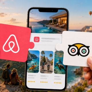 Two hands insert puzzle-piece cards—Airbnb logo on the left and an owl logo on the right—onto a smartphone displaying travel photos, with a sunset city backdrop.