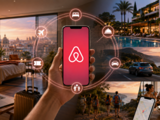 Airbnb app on a phone held center, surrounded by travel icons (flight, bed, car, map) amid hotel, pool, road, hikers scenes in a collage. It conveys travel planning through the app.