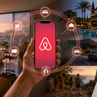 Airbnb app on a phone held center, surrounded by travel icons (flight, bed, car, map) amid hotel, pool, road, hikers scenes in a collage. It conveys travel planning through the app.