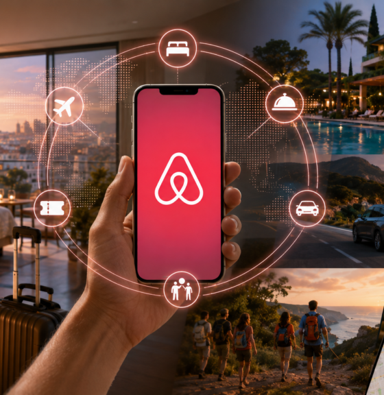 Airbnb app on a phone held center, surrounded by travel icons (flight, bed, car, map) amid hotel, pool, road, hikers scenes in a collage. It conveys travel planning through the app.