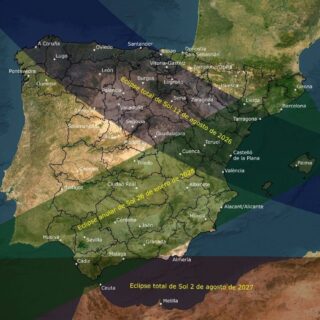 Mapa de España con trayectorias de eclipses: total 12/08/2026, total 02/08/2027, y anular 26/01/2028, con zonas sombreadas.
