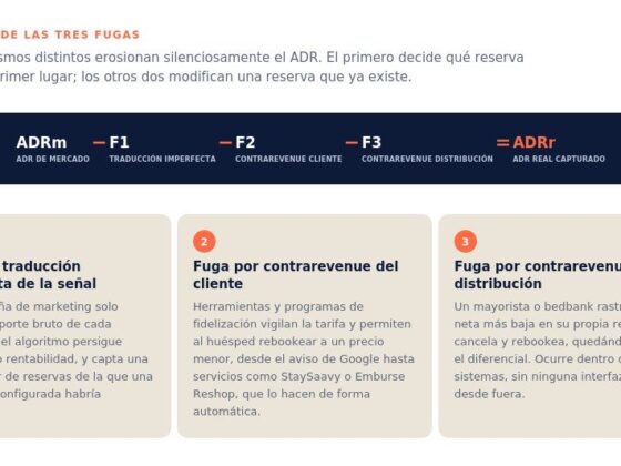 Infographic about 'el modelo de las tres fugas' mostrando tres formas de fuga: traducción imperfecta, contrarrevenue del cliente y contrarrevenue de distribución.
