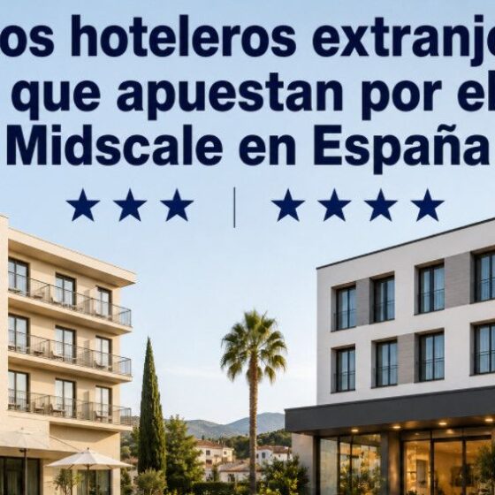 Spanish headline about foreign hotel groups investing in midscale in Spain, displayed above two modern hotels with a palm tree and stars