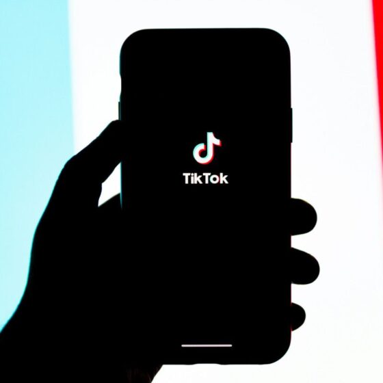 Silhouette of a hand holding a smartphone displaying the TikTok logo against a blue‑white‑red background.