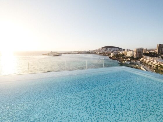 Infinity pool with a mosaic-tile surface overlooking the sea and city lights at sunset, glass railing in the foreground.