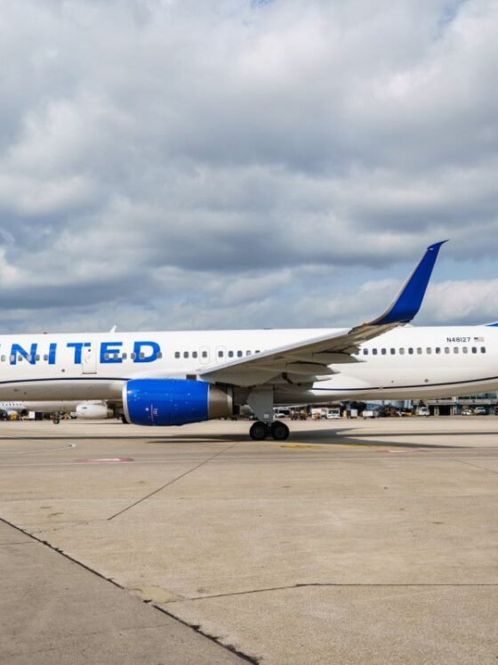 United Airlines plane parked on the tarmac with blue tail at an airport.