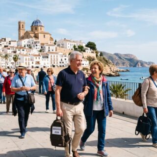 Group of seniors walking along a seaside promenade by a sunny bay with white houses and a church in the background.