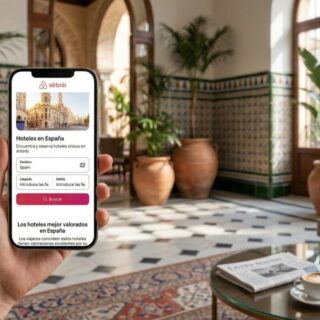 Person holding a phone displaying the Airbnb hotel search screen in a stylish hotel lobby is visible in the image.