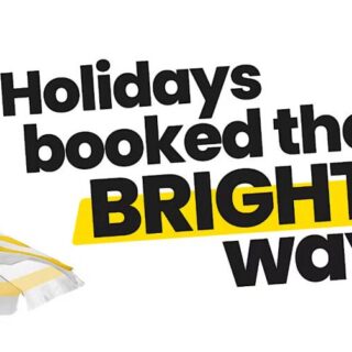 Banner reading 'Holidays booked the BRIGHT way' with yellow highlight and yellow-striped umbrellas on a white background, advertising a brighter holiday.