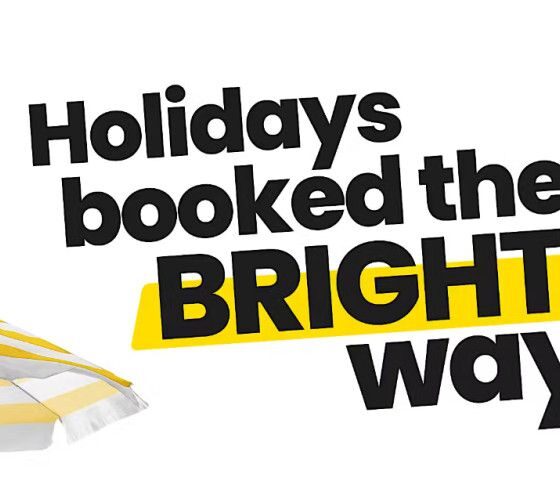 Banner reading 'Holidays booked the BRIGHT way' with yellow highlight and yellow-striped umbrellas on a white background, advertising a brighter holiday.