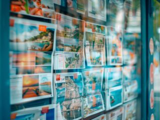 Wall of travel brochures arranged in a glass-front display, showcasing colorful photos of beaches and landmarks.