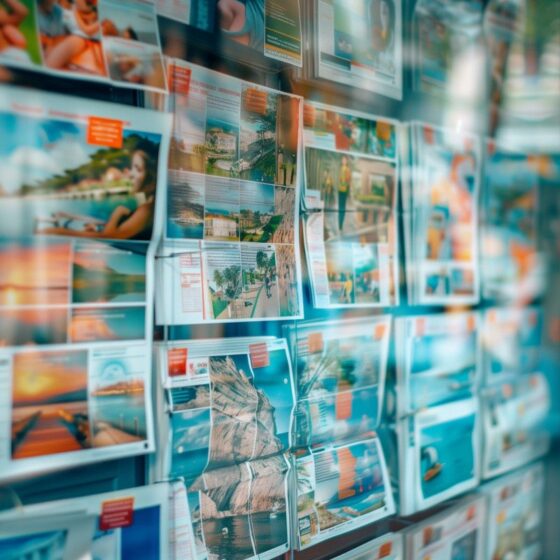 Wall of travel brochures arranged in a glass-front display, showcasing colorful photos of beaches and landmarks.