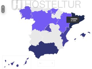 Map of Spain with regions color-coded to show shares; Catalunya highlighted with 21.63% label (tooltip visible). This is likely a regional distribution map.