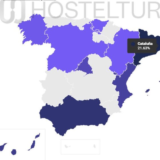 Map of Spain with regions color-coded to show shares; Catalunya highlighted with 21.63% label (tooltip visible). This is likely a regional distribution map.