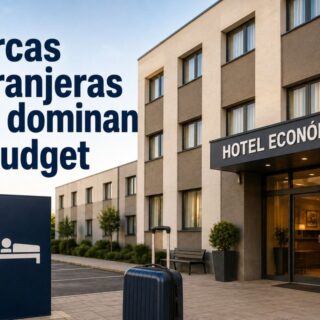 Facade of a budget hotel with a large Spanish headline in the sky: 'Marcas extranjeras que dominan el Budget' and a blue luggage case in the foreground.