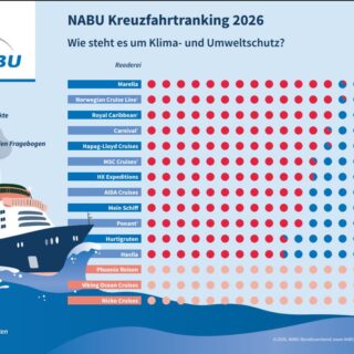 Infografik NABU Kreuzfahrtranking 2026: Umwelt- und Klimaschutz-Bewertung von Kreuzfahrtlinien mit Farbpunkten und Punktwerten rechts.