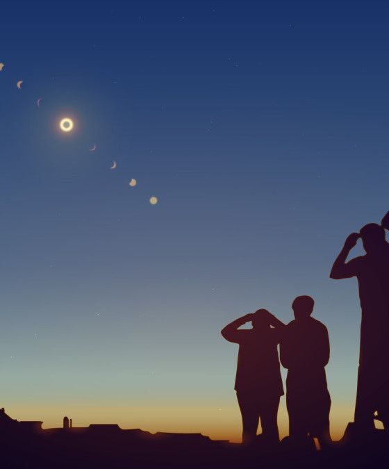 Silhouetted group of people on a hill watching a solar eclipse arc across a twilight sky.