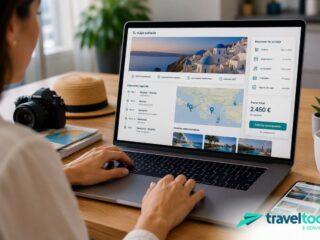 Person using a laptop to plan a trip on a travel website, with map, itinerary list, and price panel visible on screen.
