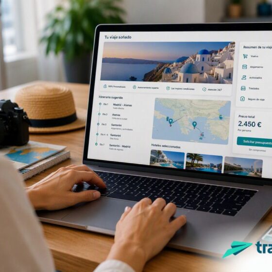 Person using a laptop to plan a trip on a travel website, with map, itinerary list, and price panel visible on screen.