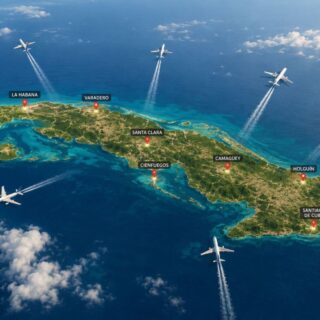 A Cuba map with red pins at La Habana, Varadero, Santa Clara, Cienfuegos, Camagüey, Holguín and Santiago de Cuba, and several airplanes leaving white contrails over the sea.