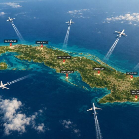 A Cuba map with red pins at La Habana, Varadero, Santa Clara, Cienfuegos, Camagüey, Holguín and Santiago de Cuba, and several airplanes leaving white contrails over the sea.