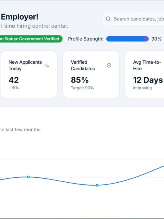 Employer dashboard with a welcome header and six stat cards: Active Jobs, New Applicants, Verified Candidates, Avg Time-to-Hire, AI Match Quality, Credits.