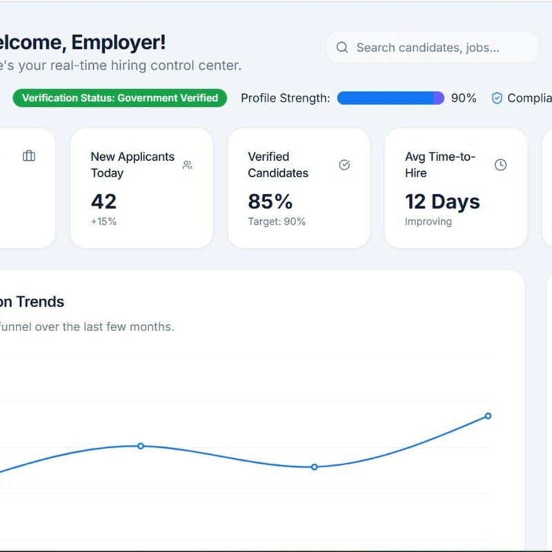 Employer dashboard with a welcome header and six stat cards: Active Jobs, New Applicants, Verified Candidates, Avg Time-to-Hire, AI Match Quality, Credits.