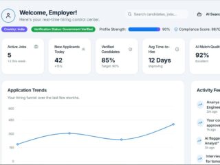 Employer dashboard with left navigation and center overview cards: Active Jobs, New Applicants, Verified Candidates, Avg Time-to-Hire, AI Match Quality, and Credits