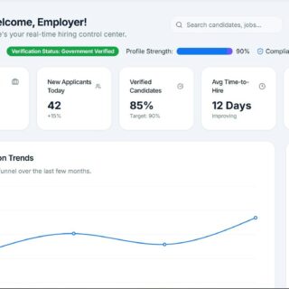 Employer dashboard with left navigation and center overview cards: Active Jobs, New Applicants, Verified Candidates, Avg Time-to-Hire, AI Match Quality, and Credits